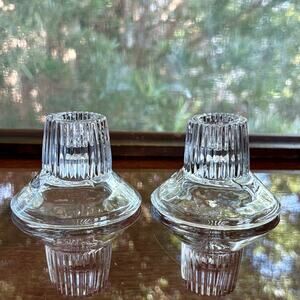 Pair Vintage Clear Glass Candlestick Holders Ribbed Base Mid Century Style